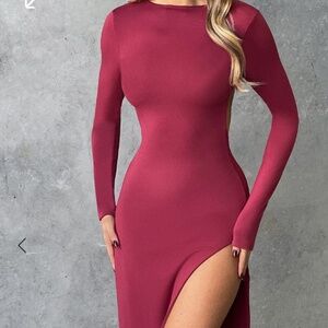 Long Sleeve Burgundy Maxi Dress with High Slit